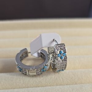 Elegant Silver White Gold Filled and Blue Floral Hoop Huggies Earrings